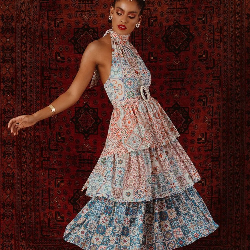 MOROCCAN TILES HALTER TIER DRESS Size M